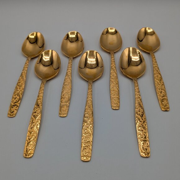 Americana Golden Heritage Flatware Golden Scroll 7 Teaspoons 6" Vintage - Picture 2 of 8